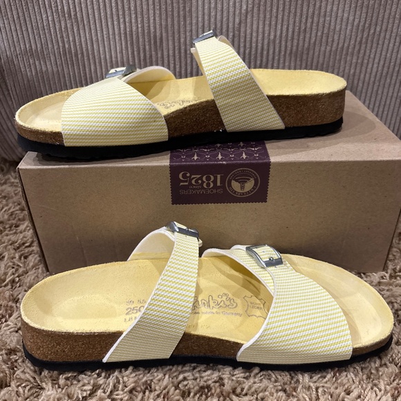 Birki's by Birkenstock Aziza Yellow & White Stripes Double Strap Slides Sandals - Picture 3 of 13
